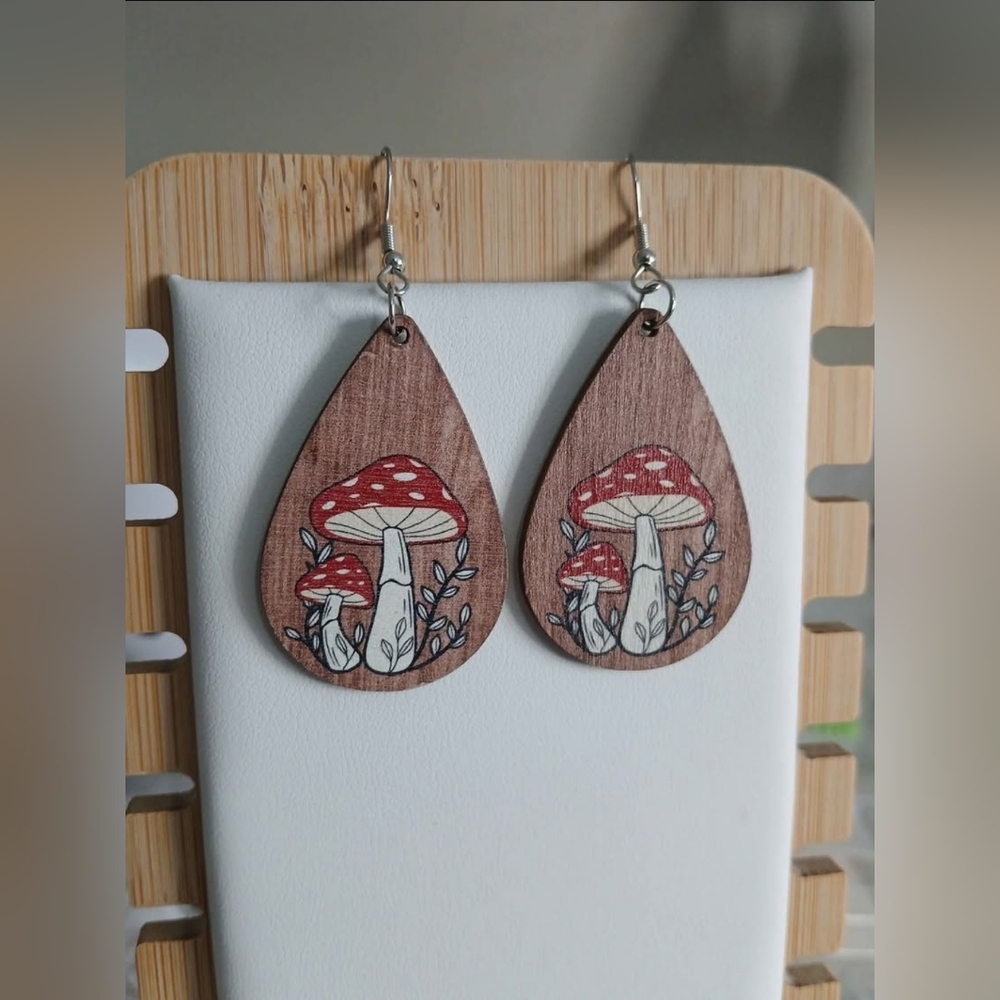 2/$18 New Mushroom Earrings Wooden Jewlery Womens Accessories